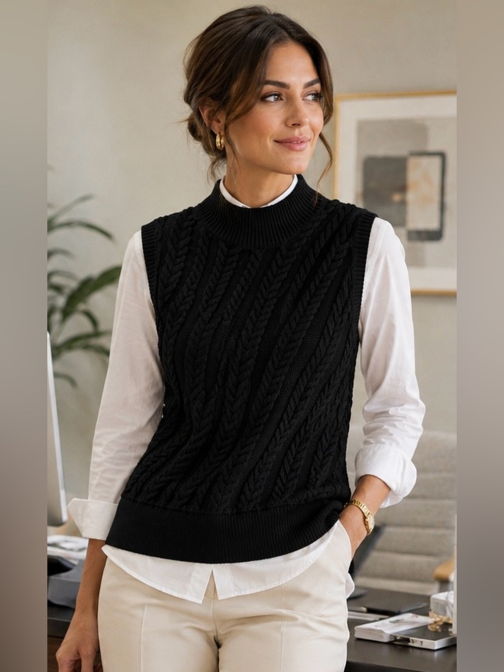 Talbots Timeless Black Chic Cable Knit Sweater Vest Mock Turtleneck Preppy Small